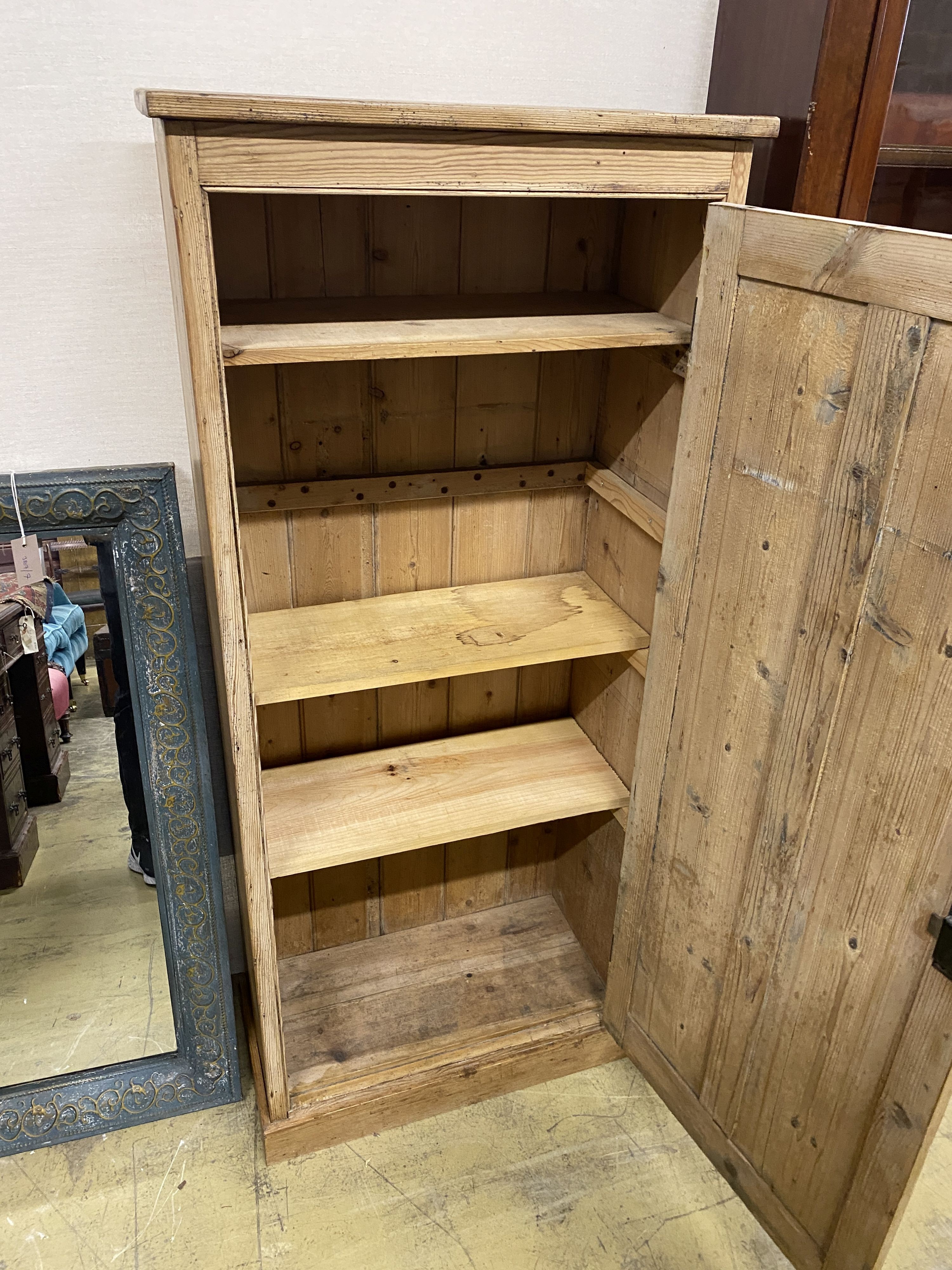 A Victorian narrow pine cabinet, width 66cm, depth 32cm, height 152cm
